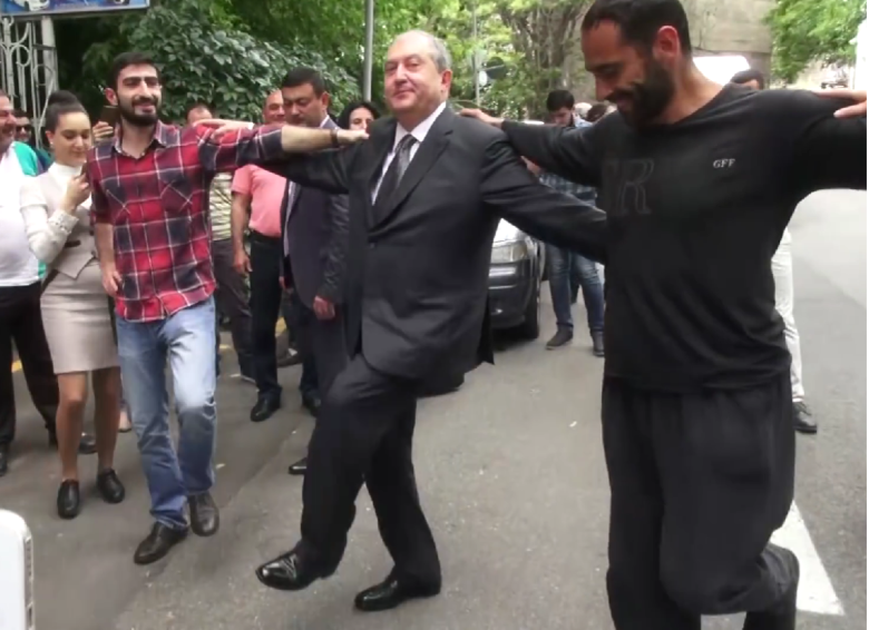 President Sarkissian is dancing with environmental activists, who are protesting against the Amulsar mine